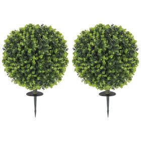 HOMCOM 2 Pack 1.3ft Artificial Ball Boxwood Topiary with Ground Stake, UV Resistant Faux Greenery for Indoor Outdoor