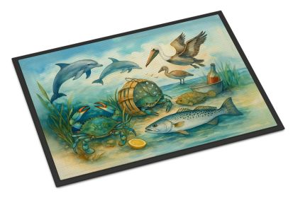 Along the coast - Crab Pelican Dolphins Doormat Front Door Mat Indoor Outdoor Rugs for Entryway, Non Slip Washable Low Pile, 24H X 36W