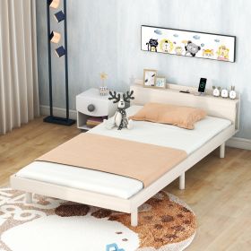 Modern Twin Platform Bed Frame With USB Ports, White Washed Color (Option: White Washed)