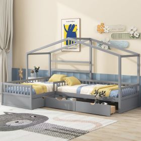 Twin Size House Platform Bed With Three Storage Drawers,Gray (Option: Gray)