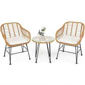 3 Pieces Rattan Furniture Set With Cushioned Chair Table (Color: White)