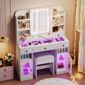 43.2 Vanity Desk With LED Mirror And Lights, Glass Top Vanity With RGB Glass Light Cabinets, Dressing Table With 5 Drawers ,Storage Shelves And S (Color: White)