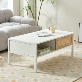 40.16 Rattan Coffee Table With Sliding Door, Metal Legs - Modern Living Room (Color: White)