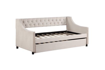 Daybed With Trundle Upholstered Tufted Sofa Bed, With Button And Copper Nail On Arms Full Size Beige (Color: Beige)