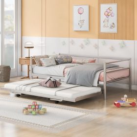 Twin Size Metal Daybed With Adjustable Trundle,  Up Trundle, Silver (Color: Silver)