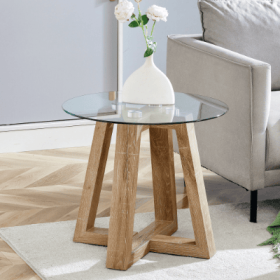 Modern And Practical Round Table. Made Of Clear Tempered Glass Top And Wood-coloured MDF Material. Suitable For Living Rooms And Bedrooms (Option: Wood)