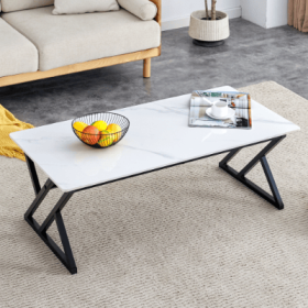 A Coffee Table Made Of Rock Slab Material, With A Smooth And Natural Surface That Complements The Modern Design Of The Black Metal Legs, Making I (Option: WhiteBlack)