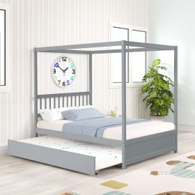 Full Size Canopy Bed With Twin Trundle, Kids Solid Wood Platform Bed Frame With Headboard, No Box Spring Needed Grey Color (Option: Full)