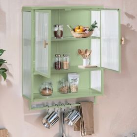 23.62Glass Doors Modern Two-door Wall Cabinet With Featuring Two-tier Enclosed Storage, An Open Shelf, And Towel Rack, For Entryway Living Room B (Color: Green)