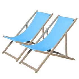 Wooden Folding Beach Sling Patio Chairs Set Of 2, 3-Level Adjustable (Color: Blue)