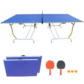 9ft Mid-Size Table Tennis Table Foldable & Portable Ping Pong Table Set For Indoor Games With Net, 2 Table Tennis Paddles And 3 Balls (Color: Blue)