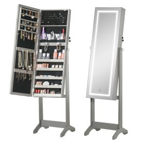 HOMCOM Lockable Jewelry Cabinet with Full-Length Mirror Floor Standing Organizer 4 Adjustable Angles Grey (Color: Grey)