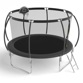 12 FT TRAMPOLINE BLACK PUMPKIN-STYLE SAFETY NET WITH BASKETBALL HOOP (Color: Black)