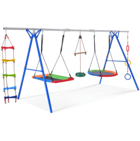 5 In 1 Outdoor Toddler Swing Set For Backyard, Playground Swing Sets With Steel Frame, Multifunction Playsets For Kids With Climbing Ladder, Sauc (Color: Blue)