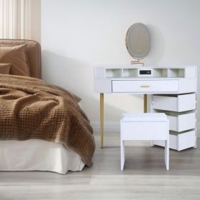 White Dressing Table Stool Set, Movable Mirror, Tri Color Illuminated Mirror, Four Drawers, With Socket (Color: White)