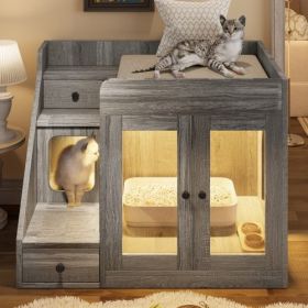 GO Cat Litter Box Enclosure With Light , Hidden Litter Box Furniture With 2 Storage Drawers, Indoor Cat House Side Table For Living Room (Option: Gray)