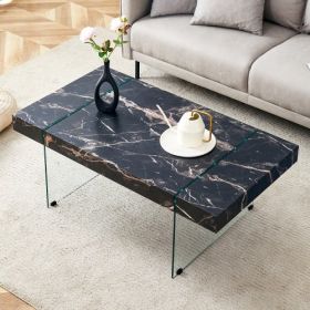 43.3x23.6 Black Marble-Patterned MDF Coffee Table With Tempered Glass Legs.Suitable For Living Room.It Can Be Used Not Only As A Coffee Table But (Option: BlackTransparent)