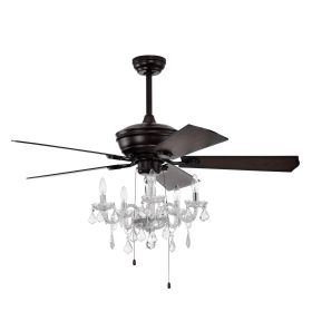 Crystal Shade Ceiling Fan Lamp ,3 Speed ,4 Timing , 5 Reversible Blades Crystal Ceiling Fan ,5PCS E12 NO Include Bulb Hand Pull Chain (Option: Matte Black)