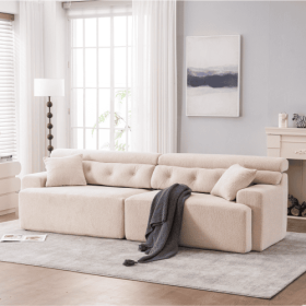 LY-029 APRICOT COMPRESSION SOFA 4-seater Combined Sofa, Wood Grain Chenille Fabric, Full Sponge Compression Sofa,combined Sofa With 2 Pillows For (Option: Apricot Cream)