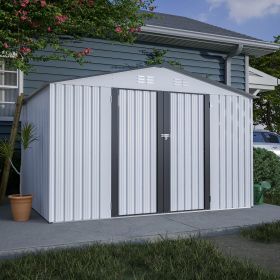 10X8 FT Outdoor Storage Shed, All Weather Metal Sheds With Lockable Doors, Tool Shed For Garden, Patio, Backyard, Lawn, White (Color: White)